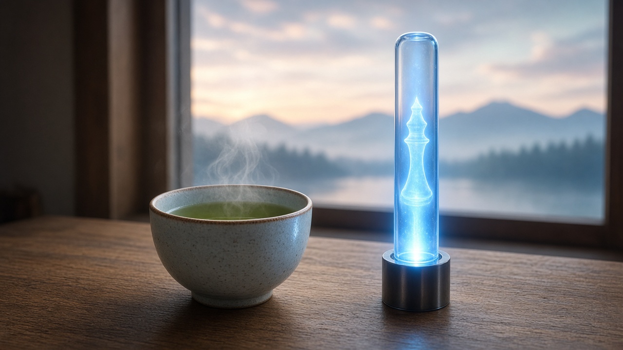 Bowl of green tea next to a glowing blue holographic chess king in a glass tube, by a window at dawn
