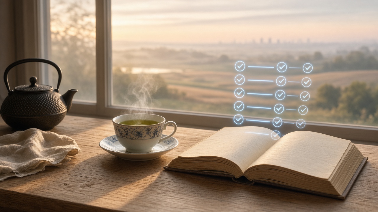 A cup of tea and a holographic review checklist above an open book at dawn