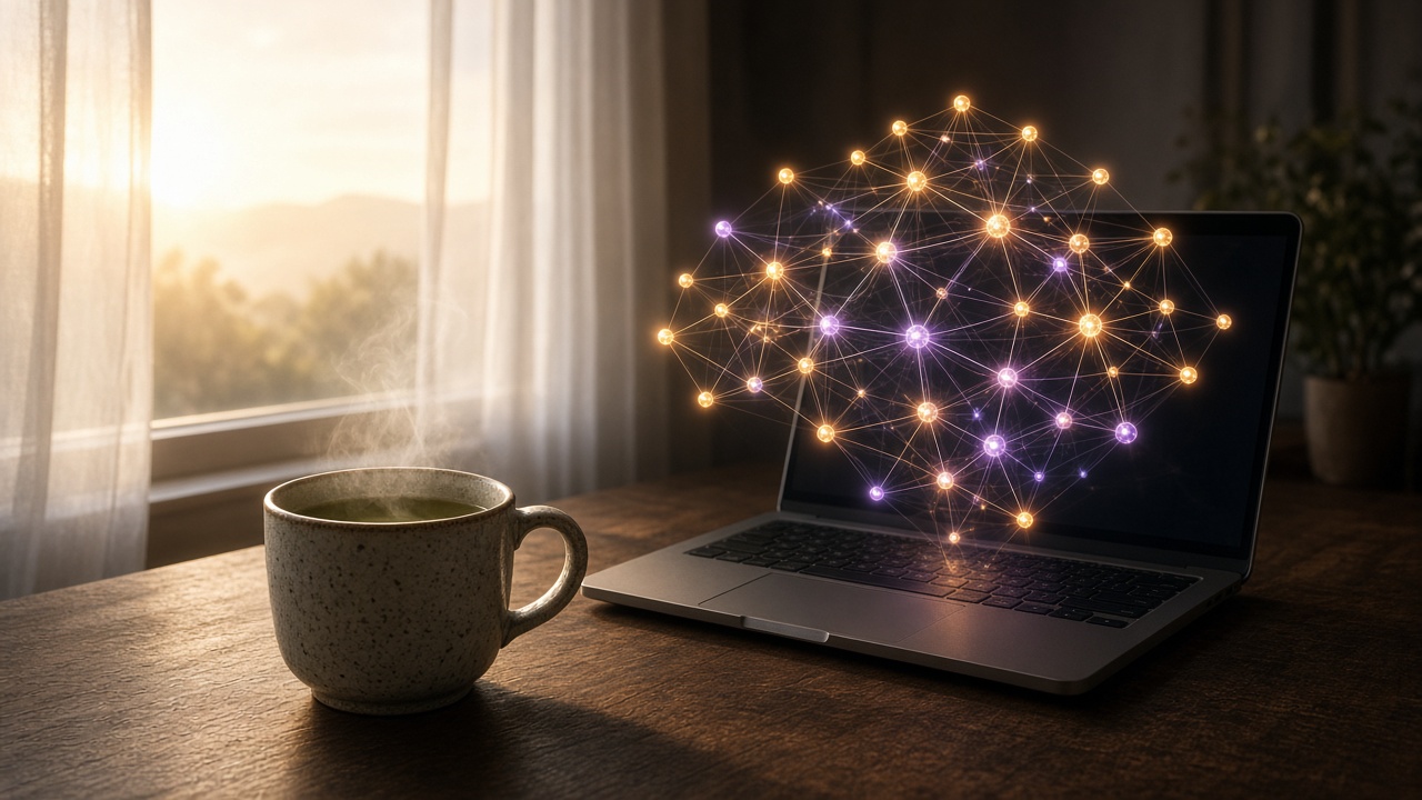A steaming ceramic mug of tea beside a laptop with a glowing orange-and-violet geometric network at dawn