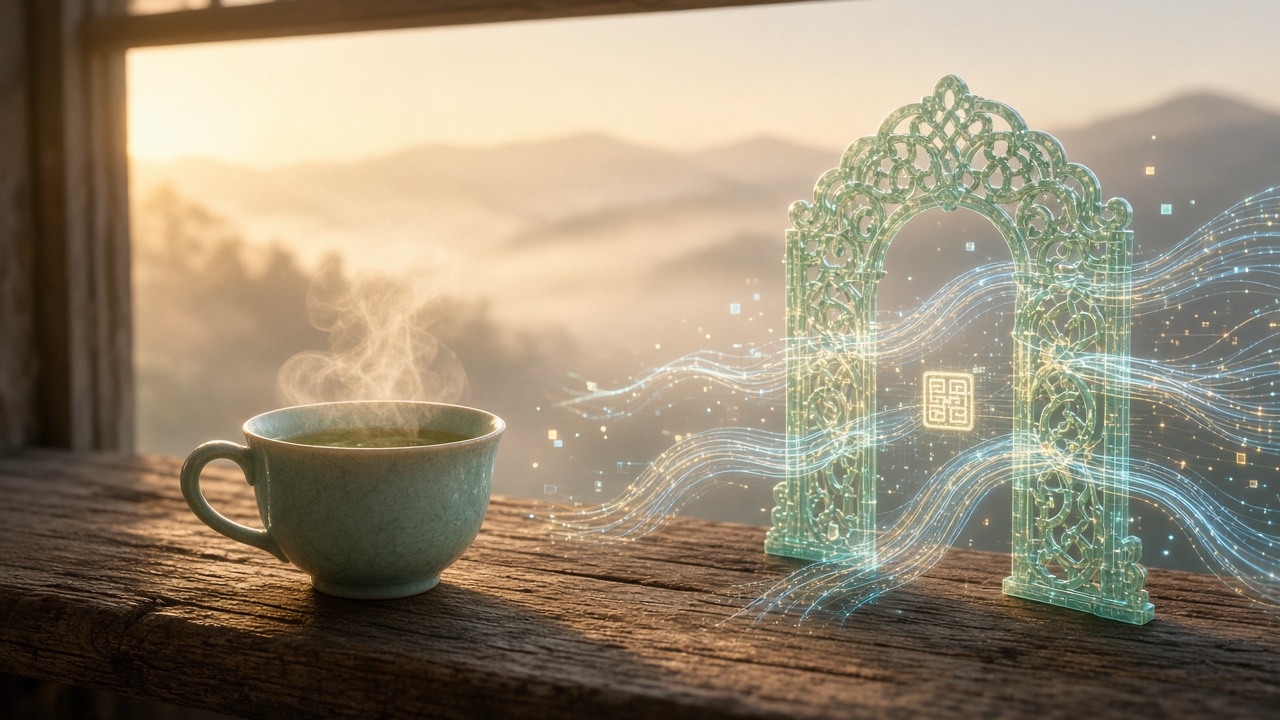 A steaming cup of green tea on a wooden sill beside a glowing jade-green ornamental gate with streams of data flowing through it, misty hills at dawn