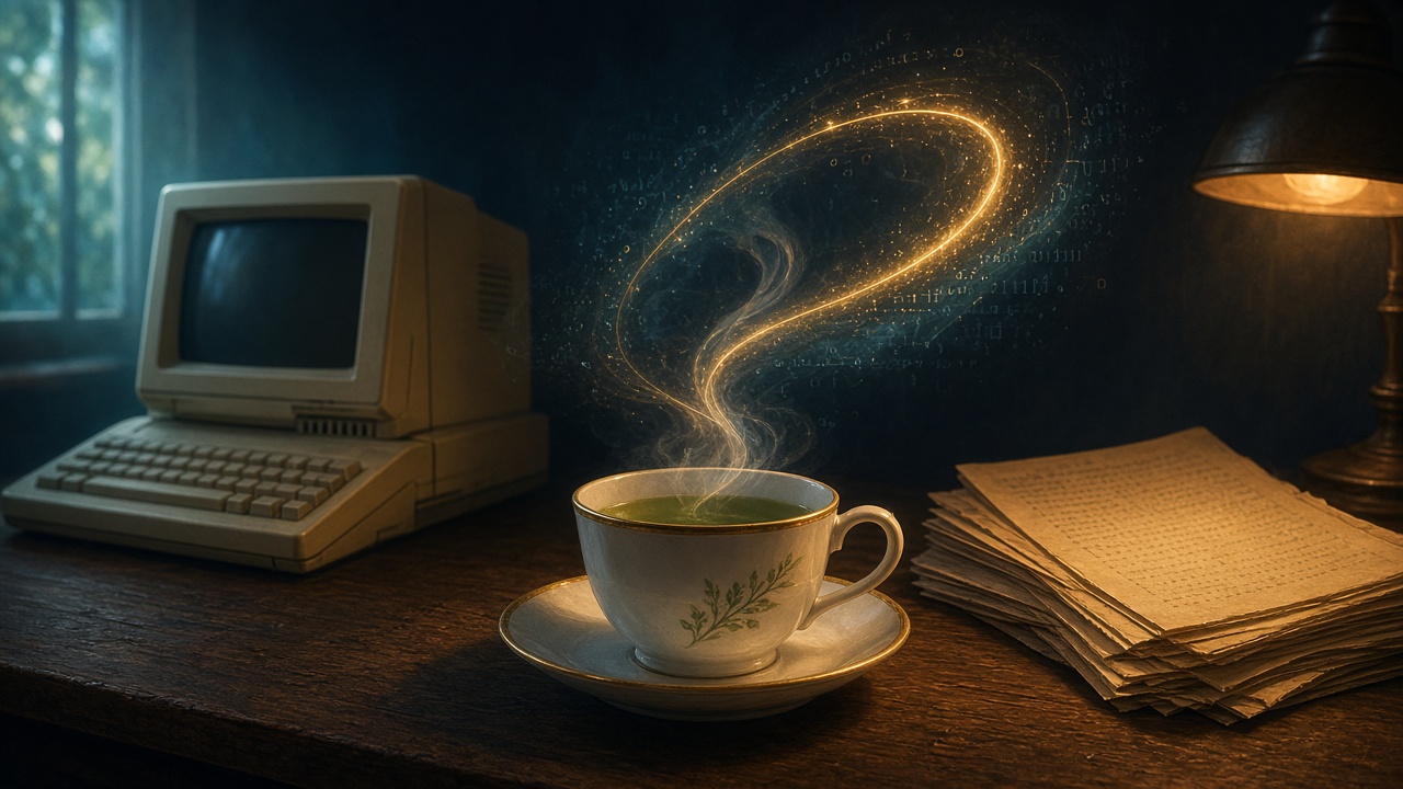 A cup of green tea on a dark wooden desk beside a vintage beige computer and a stack of old papers, with a golden spiral of glowing digits rising from the steam