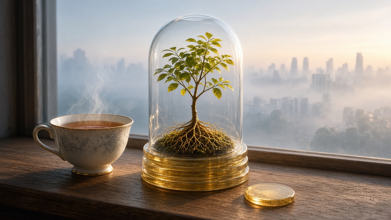 A steaming cup of tea on a wooden windowsill beside a glass dome holding a small tree, its glowing golden roots resting on a stack of gold coins, with a misty city skyline outside