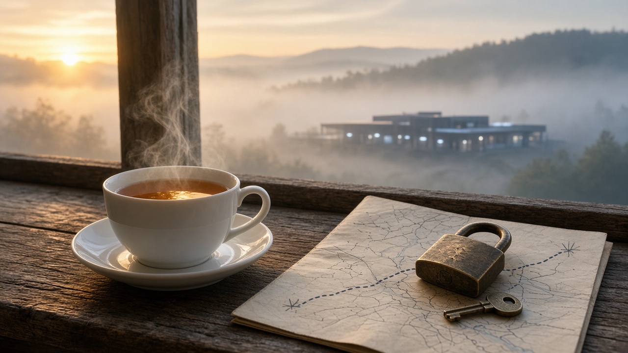 A steaming cup of tea on a weathered wooden windowsill next to an old map with a brass padlock and key, a misty forest and a lit low building outside at sunrise
