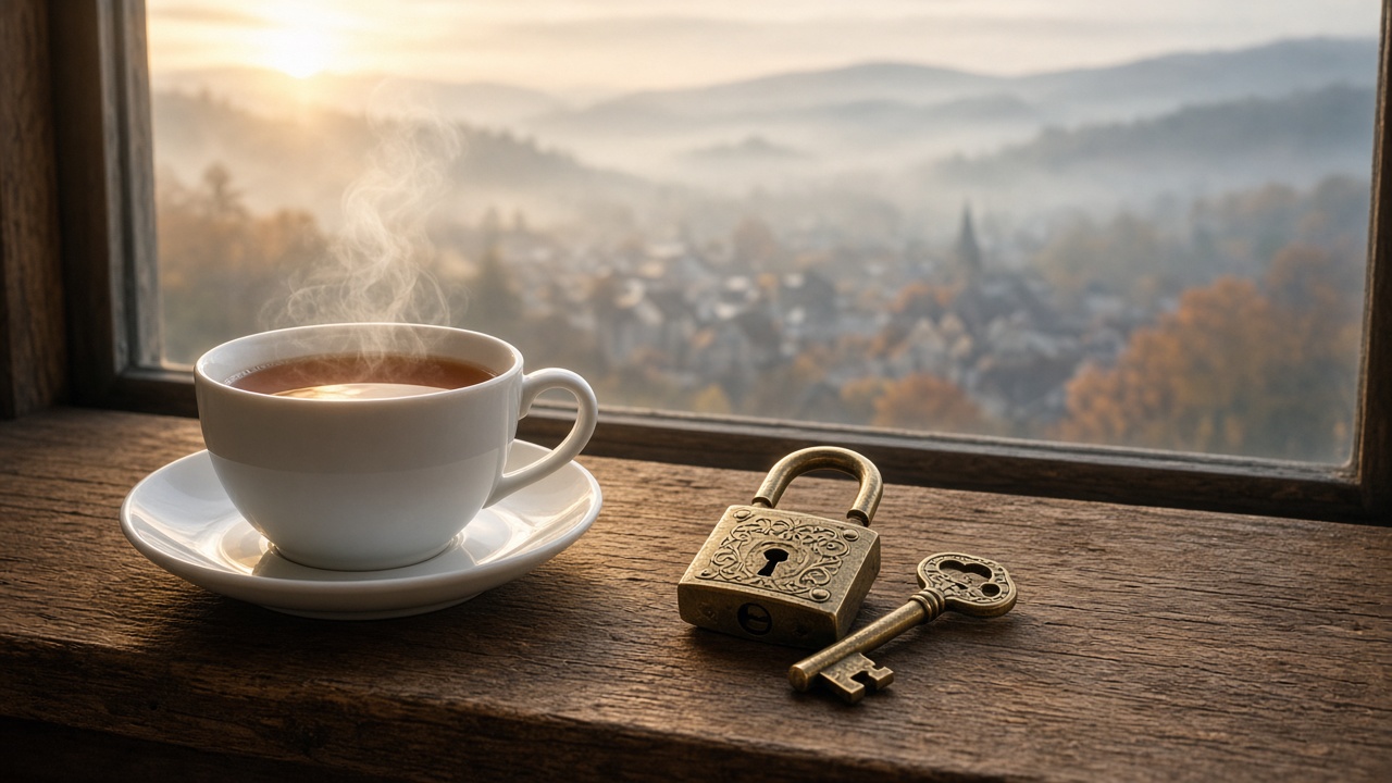 A steaming cup of tea on a weathered wooden windowsill next to a brass padlock and an old key, with a misty town and autumn hills outside at sunrise