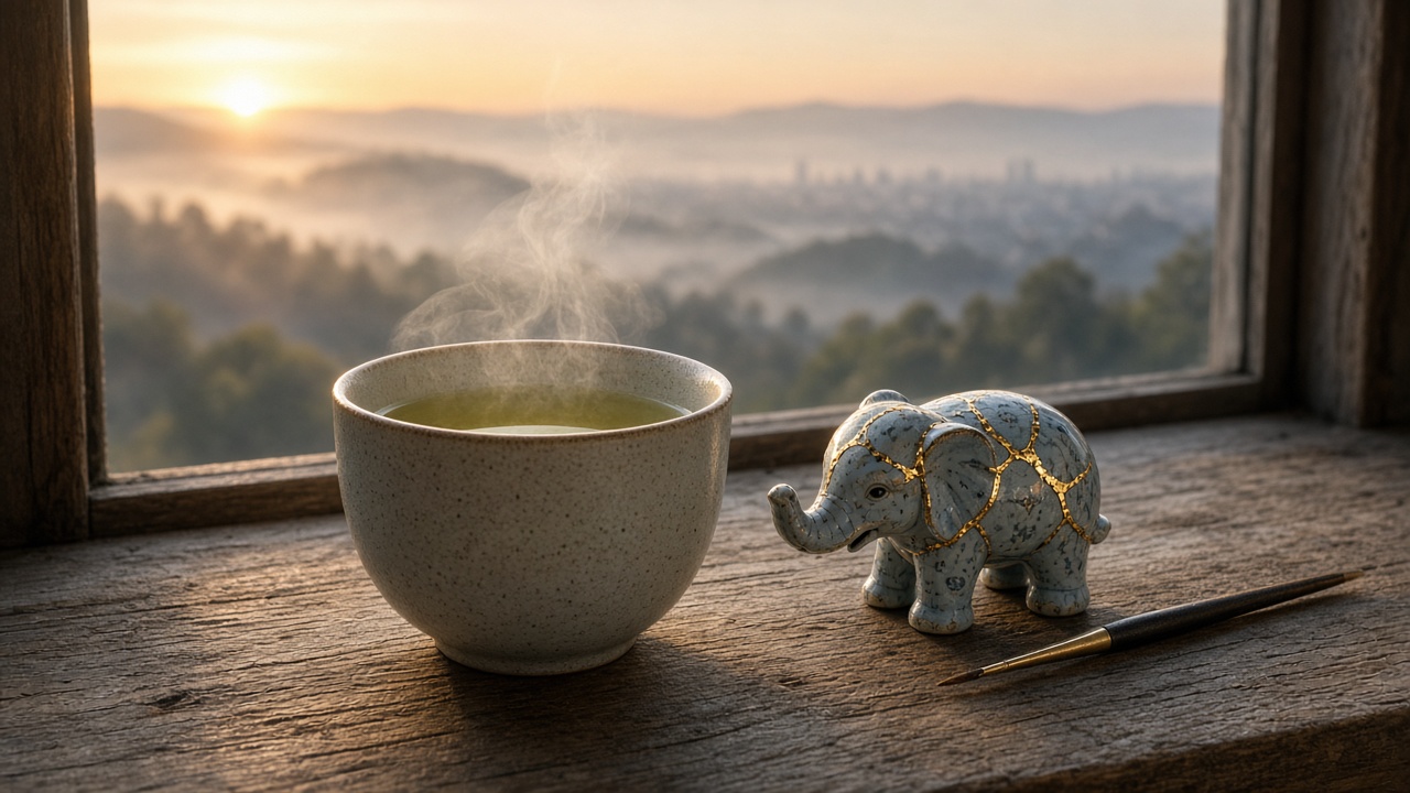 A steaming cup of green tea on a weathered wooden windowsill next to a porcelain elephant figurine mended with gold kintsugi seams and a fine brush, with a misty city and hills outside at sunrise