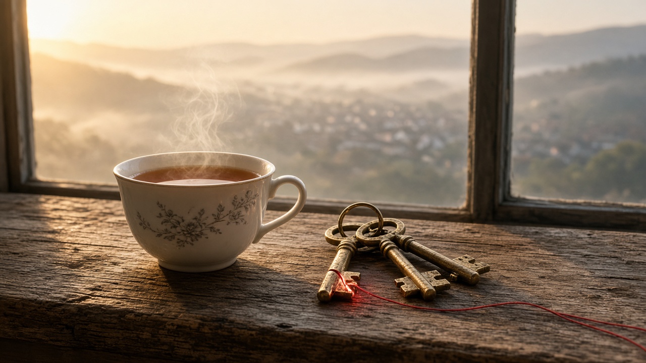 A steaming cup of tea in a floral porcelain cup on a weathered wooden windowsill beside a ring of old brass keys tied with a thin red thread, with misty hills and a town outside at sunrise