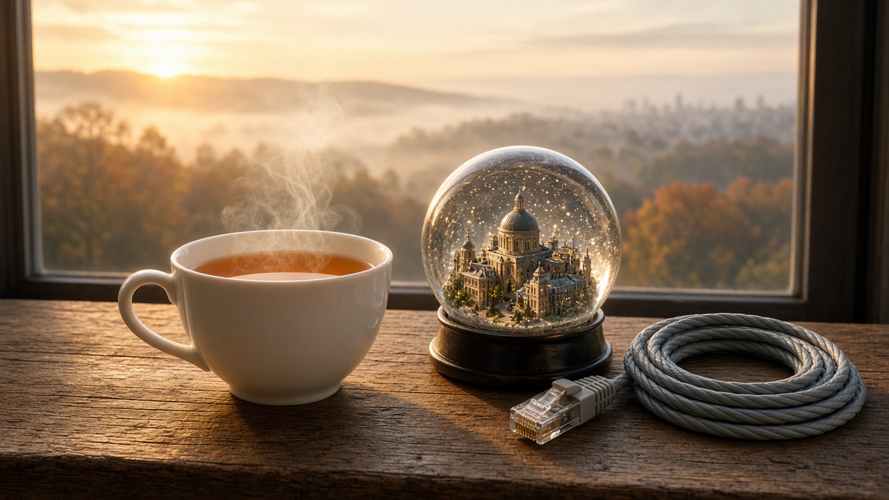 A steaming white cup of tea on a weathered wooden windowsill beside a snow globe holding a miniature domed palace and a coiled, unplugged network cable, with misty autumn hills and a city outside at sunrise