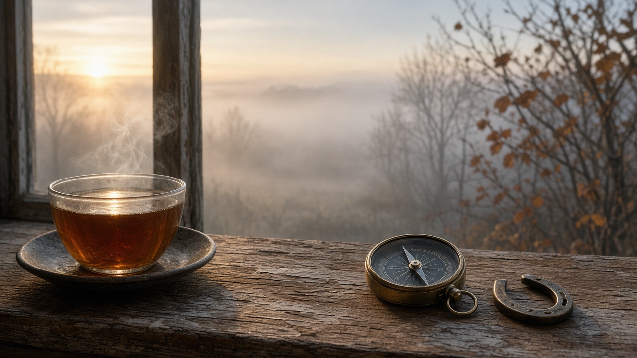 A steaming glass cup of tea on a saucer on a weathered wooden windowsill beside an open brass compass and an old horseshoe, with misty fields and autumn trees outside at sunrise