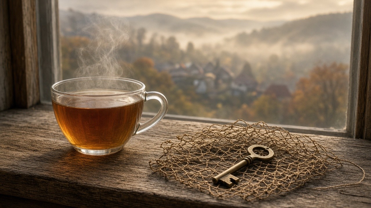 A steaming glass cup of tea on a weathered wooden windowsill beside an old brass key resting on a loose piece of netting, with a misty autumn village and hills outside at dawn