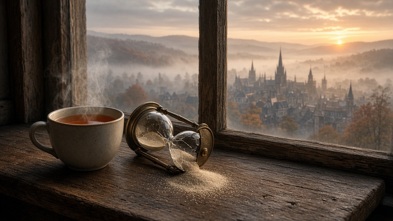A steaming cup of tea on a weathered wooden windowsill beside a tipped brass hourglass with sand spilling out, and a misty old town with church spires in the sunrise outside